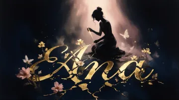 Ana horizontal diseño 6 - Composición de ilustración semirrealista cinematográfica con silueta femenina tejiendo un hilo dorado de luz sobre un suelo oscuro fracturado al estilo Kintsugi, donde el nombre resalta en un prominente guión caligráfico dorado que emerge de las grietas, rodeado de flores blancas, mariposas y un fondo degradado de azules profundos iluminado por una luz celestial en tonos melocotón y crema, con una frase de aliento en tipografía blanca en la parte inferior.