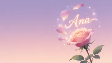 Ana horizontal diseño 8 - Fondo de Pantalla con degradado suave que transiciona de lila en la parte superior a melocotón y rosa pastel en la base, destacando una rosa rosada hiperrealista con tallo y hojas verdes. El nombre brilla en tipografía cursiva con efecto neón cálido, adornado con pétalos cayendo y chispas de luz mágica.
