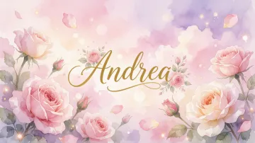 Andrea horizontal diseño 10 - Diseño estilo acuarela con un fondo etéreo y texturizado en nubes de tonos rosa pastel y lila suave. Presenta composiciones de rosas abiertas y capullos en los bordes inferior y superior, con pétalos cayendo delicadamente. Incorpora destellos de luz cálida (efecto bokeh) y, en el centro, resalta una tipografía elegante, cursiva y fluida en color dorado.
