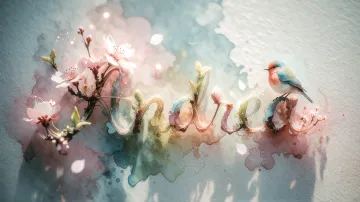 Andrea horizontal diseño 11 - Un delicado diseño de estilo acuarela digital que combina una tipografía de caligrafía personalizada para el nombre en tonos dorados y rosados suaves, adornada con pequeñas hojas y brotes. Un pajarito azul y naranja vibrante está posado en una de las letras. Todo está rodeado por un marco circular de ramas de cerezo en flor con delicadas flores rosadas y blancas. El fondo es un lavado de acuarela difuminado en tonos pastel suaves de azul cerceta, rosa rubor y melocotón sobre una textura de papel rugoso, con destellos luminosos y motas de luz bokeh flotando alrededor, creando una atmósfera mágica y soñadora. Las sombras suaves proyectadas añaden profundidad.
