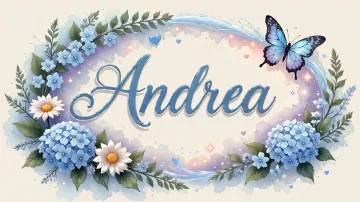 Andrea horizontal diseño 4 - Composición magica con nombre en letra cursiva azul, rodeado de hortensias azules, margaritas blancas y delicadas flores silvestres, enmarcado por suaves remolinos de agua, mariposas azules y destellos estelares sobre un fondo etéreo y romántico.