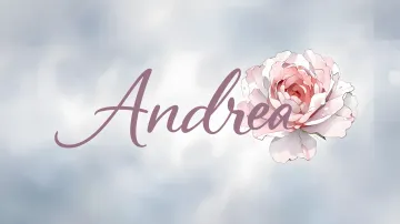 Andrea horizontal diseño 5 - Nombre en elegante tipografía cursiva caligráfica en tono lavanda, sobre fondo acuarela de cielo nublado en tonos pastel (azul, blanco, lavanda), decorado con rosa en acuarela de pétalos rosa pálido, blanco crema y lilas suaves con hojas en gris-verde.