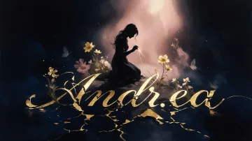Andrea horizontal diseño 6 - Composición de ilustración semirrealista cinematográfica con silueta femenina tejiendo un hilo dorado de luz sobre un suelo oscuro fracturado al estilo Kintsugi, donde el nombre resalta en un prominente guión caligráfico dorado que emerge de las grietas, rodeado de flores blancas, mariposas y un fondo degradado de azules profundos iluminado por una luz celestial en tonos melocotón y crema, con una frase de aliento en tipografía blanca en la parte inferior.