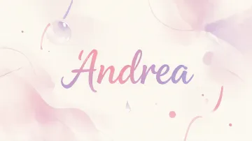 Andrea horizontal diseño 7 - Diseño abstracto en acuarela sobre fondo crema, con manchas fluidas y etéreas en rosa pastel y lila, líneas curvas que aportan movimiento, pequeñas gotas salpicadas cayendo verticalmente y una burbuja translúcida en la parte superior izquierda. El nombre resalta al centro con una tipografía cursiva amplia y elegante en degradado rosa a morado.