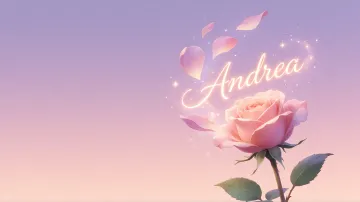 Andrea horizontal diseño 8 - Fondo de Pantalla con degradado suave que transiciona de lila en la parte superior a melocotón y rosa pastel en la base, destacando una rosa rosada hiperrealista con tallo y hojas verdes. El nombre brilla en tipografía cursiva con efecto neón cálido, adornado con pétalos cayendo y chispas de luz mágica.