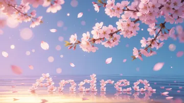 Andrea horizontal diseño 9 - Composición serena y onírica con ramas de cerezo en flor (sakura) en la parte superior contra un cielo en degradado de azul suave y lila. Pétalos de color rosa pastel flotan delicadamente en el aire cayendo hacia una superficie de agua tranquila y cristalina. En el centro inferior, el nombre está formado por pétalos de flores con un sutil efecto de relieve 3D y tipografía floral, reflejándose sobre el agua que está iluminada por un cálido destello dorado de luz solar en la esquina inferior derecha.