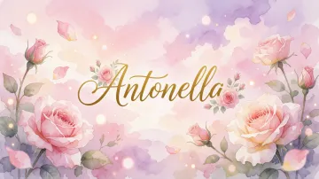 Antonella horizontal diseño 10 - Diseño estilo acuarela con un fondo etéreo y texturizado en nubes de tonos rosa pastel y lila suave. Presenta composiciones de rosas abiertas y capullos en los bordes inferior y superior, con pétalos cayendo delicadamente. Incorpora destellos de luz cálida (efecto bokeh) y, en el centro, resalta una tipografía elegante, cursiva y fluida en color dorado.