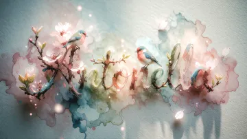 Antonella horizontal diseño 11 - Un delicado diseño de estilo acuarela digital que combina una tipografía de caligrafía personalizada para el nombre en tonos dorados y rosados suaves, adornada con pequeñas hojas y brotes. Un pajarito azul y naranja vibrante está posado en una de las letras. Todo está rodeado por un marco circular de ramas de cerezo en flor con delicadas flores rosadas y blancas. El fondo es un lavado de acuarela difuminado en tonos pastel suaves de azul cerceta, rosa rubor y melocotón sobre una textura de papel rugoso, con destellos luminosos y motas de luz bokeh flotando alrededor, creando una atmósfera mágica y soñadora. Las sombras suaves proyectadas añaden profundidad.