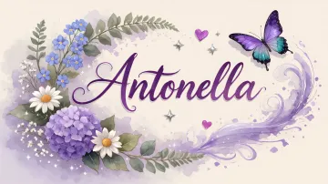 Antonella horizontal diseño 2 - Diseño elegante de hortensias en tonos lila y morados suaves, con volutas estilizadas y una mariposa mística que aporta un toque etéreo y mágico.