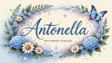 Antonella horizontal diseño 4 - Composición magica con nombre en letra cursiva azul, rodeado de hortensias azules, margaritas blancas y delicadas flores silvestres, enmarcado por suaves remolinos de agua, mariposas azules y destellos estelares sobre un fondo etéreo y romántico.