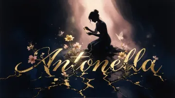 Antonella horizontal diseño 6 - Composición de ilustración semirrealista cinematográfica con silueta femenina tejiendo un hilo dorado de luz sobre un suelo oscuro fracturado al estilo Kintsugi, donde el nombre resalta en un prominente guión caligráfico dorado que emerge de las grietas, rodeado de flores blancas, mariposas y un fondo degradado de azules profundos iluminado por una luz celestial en tonos melocotón y crema, con una frase de aliento en tipografía blanca en la parte inferior.