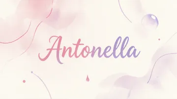 Antonella horizontal diseño 7 - Diseño abstracto en acuarela sobre fondo crema, con manchas fluidas y etéreas en rosa pastel y lila, líneas curvas que aportan movimiento, pequeñas gotas salpicadas cayendo verticalmente y una burbuja translúcida en la parte superior izquierda. El nombre resalta al centro con una tipografía cursiva amplia y elegante en degradado rosa a morado.