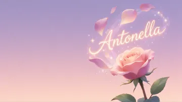 Antonella horizontal diseño 8 - Fondo de Pantalla con degradado suave que transiciona de lila en la parte superior a melocotón y rosa pastel en la base, destacando una rosa rosada hiperrealista con tallo y hojas verdes. El nombre brilla en tipografía cursiva con efecto neón cálido, adornado con pétalos cayendo y chispas de luz mágica.