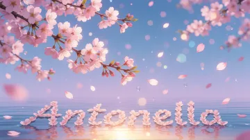 Antonella horizontal diseño 9 - Composición serena y onírica con ramas de cerezo en flor (sakura) en la parte superior contra un cielo en degradado de azul suave y lila. Pétalos de color rosa pastel flotan delicadamente en el aire cayendo hacia una superficie de agua tranquila y cristalina. En el centro inferior, el nombre está formado por pétalos de flores con un sutil efecto de relieve 3D y tipografía floral, reflejándose sobre el agua que está iluminada por un cálido destello dorado de luz solar en la esquina inferior derecha.