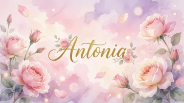 Antonia horizontal diseño 10 - Diseño estilo acuarela con un fondo etéreo y texturizado en nubes de tonos rosa pastel y lila suave. Presenta composiciones de rosas abiertas y capullos en los bordes inferior y superior, con pétalos cayendo delicadamente. Incorpora destellos de luz cálida (efecto bokeh) y, en el centro, resalta una tipografía elegante, cursiva y fluida en color dorado.