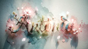 Antonia horizontal diseño 11 - Un delicado diseño de estilo acuarela digital que combina una tipografía de caligrafía personalizada para el nombre en tonos dorados y rosados suaves, adornada con pequeñas hojas y brotes. Un pajarito azul y naranja vibrante está posado en una de las letras. Todo está rodeado por un marco circular de ramas de cerezo en flor con delicadas flores rosadas y blancas. El fondo es un lavado de acuarela difuminado en tonos pastel suaves de azul cerceta, rosa rubor y melocotón sobre una textura de papel rugoso, con destellos luminosos y motas de luz bokeh flotando alrededor, creando una atmósfera mágica y soñadora. Las sombras suaves proyectadas añaden profundidad.