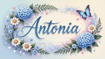 Antonia horizontal diseño 4 - Composición magica con nombre en letra cursiva azul, rodeado de hortensias azules, margaritas blancas y delicadas flores silvestres, enmarcado por suaves remolinos de agua, mariposas azules y destellos estelares sobre un fondo etéreo y romántico.