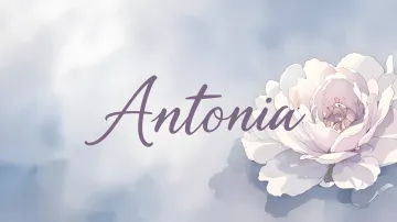 Antonia horizontal diseño 5 - Nombre en elegante tipografía cursiva caligráfica en tono lavanda, sobre fondo acuarela de cielo nublado en tonos pastel (azul, blanco, lavanda), decorado con rosa en acuarela de pétalos rosa pálido, blanco crema y lilas suaves con hojas en gris-verde.