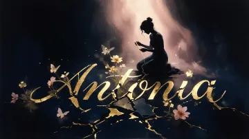 Antonia horizontal diseño 6 - Composición de ilustración semirrealista cinematográfica con silueta femenina tejiendo un hilo dorado de luz sobre un suelo oscuro fracturado al estilo Kintsugi, donde el nombre resalta en un prominente guión caligráfico dorado que emerge de las grietas, rodeado de flores blancas, mariposas y un fondo degradado de azules profundos iluminado por una luz celestial en tonos melocotón y crema, con una frase de aliento en tipografía blanca en la parte inferior.