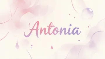 Antonia horizontal diseño 7 - Diseño abstracto en acuarela sobre fondo crema, con manchas fluidas y etéreas en rosa pastel y lila, líneas curvas que aportan movimiento, pequeñas gotas salpicadas cayendo verticalmente y una burbuja translúcida en la parte superior izquierda. El nombre resalta al centro con una tipografía cursiva amplia y elegante en degradado rosa a morado.