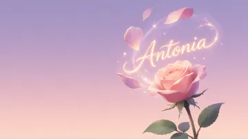 Antonia horizontal diseño 8 - Fondo de Pantalla con degradado suave que transiciona de lila en la parte superior a melocotón y rosa pastel en la base, destacando una rosa rosada hiperrealista con tallo y hojas verdes. El nombre brilla en tipografía cursiva con efecto neón cálido, adornado con pétalos cayendo y chispas de luz mágica.