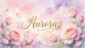 Aurora horizontal diseño 10 - Diseño estilo acuarela con un fondo etéreo y texturizado en nubes de tonos rosa pastel y lila suave. Presenta composiciones de rosas abiertas y capullos en los bordes inferior y superior, con pétalos cayendo delicadamente. Incorpora destellos de luz cálida (efecto bokeh) y, en el centro, resalta una tipografía elegante, cursiva y fluida en color dorado.