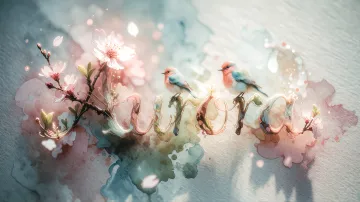 Aurora horizontal diseño 11 - Un delicado diseño de estilo acuarela digital que combina una tipografía de caligrafía personalizada para el nombre en tonos dorados y rosados suaves, adornada con pequeñas hojas y brotes. Un pajarito azul y naranja vibrante está posado en una de las letras. Todo está rodeado por un marco circular de ramas de cerezo en flor con delicadas flores rosadas y blancas. El fondo es un lavado de acuarela difuminado en tonos pastel suaves de azul cerceta, rosa rubor y melocotón sobre una textura de papel rugoso, con destellos luminosos y motas de luz bokeh flotando alrededor, creando una atmósfera mágica y soñadora. Las sombras suaves proyectadas añaden profundidad.