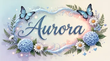 Aurora horizontal diseño 4 - Composición magica con nombre en letra cursiva azul, rodeado de hortensias azules, margaritas blancas y delicadas flores silvestres, enmarcado por suaves remolinos de agua, mariposas azules y destellos estelares sobre un fondo etéreo y romántico.