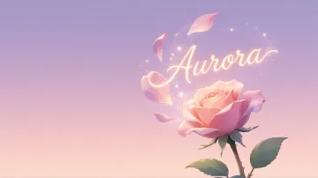 Aurora horizontal diseño 8 - Fondo de Pantalla con degradado suave que transiciona de lila en la parte superior a melocotón y rosa pastel en la base, destacando una rosa rosada hiperrealista con tallo y hojas verdes. El nombre brilla en tipografía cursiva con efecto neón cálido, adornado con pétalos cayendo y chispas de luz mágica.