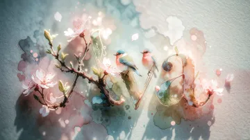 Ava horizontal diseño 11 - Un delicado diseño de estilo acuarela digital que combina una tipografía de caligrafía personalizada para el nombre en tonos dorados y rosados suaves, adornada con pequeñas hojas y brotes. Un pajarito azul y naranja vibrante está posado en una de las letras. Todo está rodeado por un marco circular de ramas de cerezo en flor con delicadas flores rosadas y blancas. El fondo es un lavado de acuarela difuminado en tonos pastel suaves de azul cerceta, rosa rubor y melocotón sobre una textura de papel rugoso, con destellos luminosos y motas de luz bokeh flotando alrededor, creando una atmósfera mágica y soñadora. Las sombras suaves proyectadas añaden profundidad.