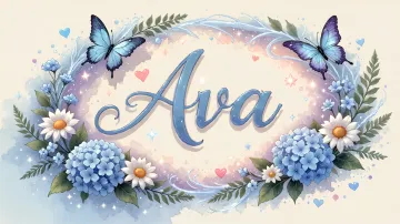 Ava horizontal diseño 4 - Composición magica con nombre en letra cursiva azul, rodeado de hortensias azules, margaritas blancas y delicadas flores silvestres, enmarcado por suaves remolinos de agua, mariposas azules y destellos estelares sobre un fondo etéreo y romántico.