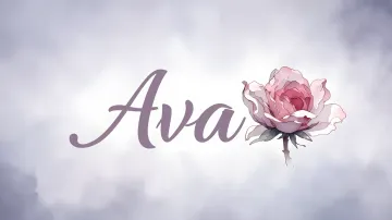 Ava horizontal diseño 5 - Nombre en elegante tipografía cursiva caligráfica en tono lavanda, sobre fondo acuarela de cielo nublado en tonos pastel (azul, blanco, lavanda), decorado con rosa en acuarela de pétalos rosa pálido, blanco crema y lilas suaves con hojas en gris-verde.