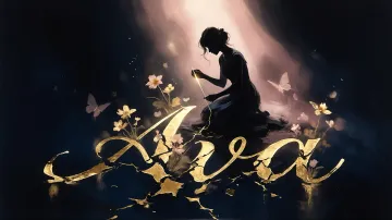 Ava horizontal diseño 6 - Composición de ilustración semirrealista cinematográfica con silueta femenina tejiendo un hilo dorado de luz sobre un suelo oscuro fracturado al estilo Kintsugi, donde el nombre resalta en un prominente guión caligráfico dorado que emerge de las grietas, rodeado de flores blancas, mariposas y un fondo degradado de azules profundos iluminado por una luz celestial en tonos melocotón y crema, con una frase de aliento en tipografía blanca en la parte inferior.