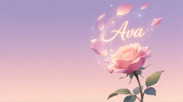 Ava horizontal diseño 8 - Fondo de Pantalla con degradado suave que transiciona de lila en la parte superior a melocotón y rosa pastel en la base, destacando una rosa rosada hiperrealista con tallo y hojas verdes. El nombre brilla en tipografía cursiva con efecto neón cálido, adornado con pétalos cayendo y chispas de luz mágica.
