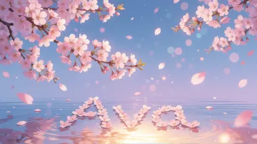 Ava horizontal diseño 9 - Composición serena y onírica con ramas de cerezo en flor (sakura) en la parte superior contra un cielo en degradado de azul suave y lila. Pétalos de color rosa pastel flotan delicadamente en el aire cayendo hacia una superficie de agua tranquila y cristalina. En el centro inferior, el nombre está formado por pétalos de flores con un sutil efecto de relieve 3D y tipografía floral, reflejándose sobre el agua que está iluminada por un cálido destello dorado de luz solar en la esquina inferior derecha.