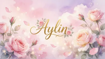 Aylin horizontal diseño 10 - Diseño estilo acuarela con un fondo etéreo y texturizado en nubes de tonos rosa pastel y lila suave. Presenta composiciones de rosas abiertas y capullos en los bordes inferior y superior, con pétalos cayendo delicadamente. Incorpora destellos de luz cálida (efecto bokeh) y, en el centro, resalta una tipografía elegante, cursiva y fluida en color dorado.