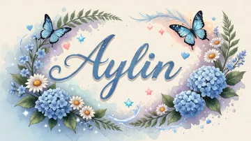 Aylin horizontal diseño 4 - Composición magica con nombre en letra cursiva azul, rodeado de hortensias azules, margaritas blancas y delicadas flores silvestres, enmarcado por suaves remolinos de agua, mariposas azules y destellos estelares sobre un fondo etéreo y romántico.