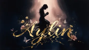 Aylin horizontal diseño 6 - Composición de ilustración semirrealista cinematográfica con silueta femenina tejiendo un hilo dorado de luz sobre un suelo oscuro fracturado al estilo Kintsugi, donde el nombre resalta en un prominente guión caligráfico dorado que emerge de las grietas, rodeado de flores blancas, mariposas y un fondo degradado de azules profundos iluminado por una luz celestial en tonos melocotón y crema, con una frase de aliento en tipografía blanca en la parte inferior.