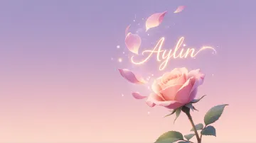 Aylin horizontal diseño 8 - Fondo de Pantalla con degradado suave que transiciona de lila en la parte superior a melocotón y rosa pastel en la base, destacando una rosa rosada hiperrealista con tallo y hojas verdes. El nombre brilla en tipografía cursiva con efecto neón cálido, adornado con pétalos cayendo y chispas de luz mágica.