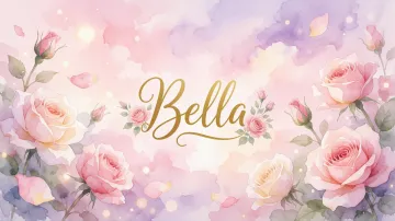 Bella horizontal diseño 10 - Diseño estilo acuarela con un fondo etéreo y texturizado en nubes de tonos rosa pastel y lila suave. Presenta composiciones de rosas abiertas y capullos en los bordes inferior y superior, con pétalos cayendo delicadamente. Incorpora destellos de luz cálida (efecto bokeh) y, en el centro, resalta una tipografía elegante, cursiva y fluida en color dorado.