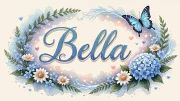 Bella horizontal diseño 4 - Composición magica con nombre en letra cursiva azul, rodeado de hortensias azules, margaritas blancas y delicadas flores silvestres, enmarcado por suaves remolinos de agua, mariposas azules y destellos estelares sobre un fondo etéreo y romántico.