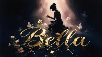 Bella horizontal diseño 6 - Composición de ilustración semirrealista cinematográfica con silueta femenina tejiendo un hilo dorado de luz sobre un suelo oscuro fracturado al estilo Kintsugi, donde el nombre resalta en un prominente guión caligráfico dorado que emerge de las grietas, rodeado de flores blancas, mariposas y un fondo degradado de azules profundos iluminado por una luz celestial en tonos melocotón y crema, con una frase de aliento en tipografía blanca en la parte inferior.