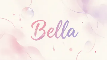 Bella horizontal diseño 7 - Diseño abstracto en acuarela sobre fondo crema, con manchas fluidas y etéreas en rosa pastel y lila, líneas curvas que aportan movimiento, pequeñas gotas salpicadas cayendo verticalmente y una burbuja translúcida en la parte superior izquierda. El nombre resalta al centro con una tipografía cursiva amplia y elegante en degradado rosa a morado.