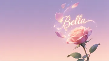 Bella horizontal diseño 8 - Fondo de Pantalla con degradado suave que transiciona de lila en la parte superior a melocotón y rosa pastel en la base, destacando una rosa rosada hiperrealista con tallo y hojas verdes. El nombre brilla en tipografía cursiva con efecto neón cálido, adornado con pétalos cayendo y chispas de luz mágica.