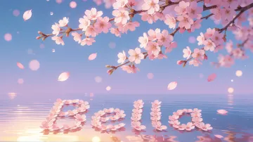 Bella horizontal diseño 9 - Composición serena y onírica con ramas de cerezo en flor (sakura) en la parte superior contra un cielo en degradado de azul suave y lila. Pétalos de color rosa pastel flotan delicadamente en el aire cayendo hacia una superficie de agua tranquila y cristalina. En el centro inferior, el nombre está formado por pétalos de flores con un sutil efecto de relieve 3D y tipografía floral, reflejándose sobre el agua que está iluminada por un cálido destello dorado de luz solar en la esquina inferior derecha.