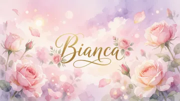 Bianca horizontal diseño 10 - Diseño estilo acuarela con un fondo etéreo y texturizado en nubes de tonos rosa pastel y lila suave. Presenta composiciones de rosas abiertas y capullos en los bordes inferior y superior, con pétalos cayendo delicadamente. Incorpora destellos de luz cálida (efecto bokeh) y, en el centro, resalta una tipografía elegante, cursiva y fluida en color dorado.