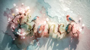 Bianca horizontal diseño 11 - Un delicado diseño de estilo acuarela digital que combina una tipografía de caligrafía personalizada para el nombre en tonos dorados y rosados suaves, adornada con pequeñas hojas y brotes. Un pajarito azul y naranja vibrante está posado en una de las letras. Todo está rodeado por un marco circular de ramas de cerezo en flor con delicadas flores rosadas y blancas. El fondo es un lavado de acuarela difuminado en tonos pastel suaves de azul cerceta, rosa rubor y melocotón sobre una textura de papel rugoso, con destellos luminosos y motas de luz bokeh flotando alrededor, creando una atmósfera mágica y soñadora. Las sombras suaves proyectadas añaden profundidad.