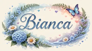 Bianca horizontal diseño 4 - Composición magica con nombre en letra cursiva azul, rodeado de hortensias azules, margaritas blancas y delicadas flores silvestres, enmarcado por suaves remolinos de agua, mariposas azules y destellos estelares sobre un fondo etéreo y romántico.