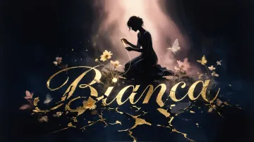Bianca horizontal diseño 6 - Composición de ilustración semirrealista cinematográfica con silueta femenina tejiendo un hilo dorado de luz sobre un suelo oscuro fracturado al estilo Kintsugi, donde el nombre resalta en un prominente guión caligráfico dorado que emerge de las grietas, rodeado de flores blancas, mariposas y un fondo degradado de azules profundos iluminado por una luz celestial en tonos melocotón y crema, con una frase de aliento en tipografía blanca en la parte inferior.