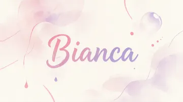 Bianca horizontal diseño 7 - Diseño abstracto en acuarela sobre fondo crema, con manchas fluidas y etéreas en rosa pastel y lila, líneas curvas que aportan movimiento, pequeñas gotas salpicadas cayendo verticalmente y una burbuja translúcida en la parte superior izquierda. El nombre resalta al centro con una tipografía cursiva amplia y elegante en degradado rosa a morado.